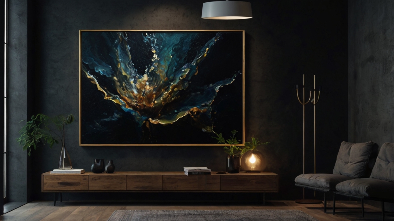 abstract canvas artwork hanging on a dark wall