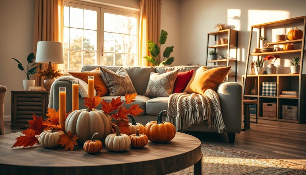 A beautifully arranged living room showcasing seasonal décor ideas for autumn. In the foreground, a cozy, stylish coffee table adorned with small pumpkins, vibrant fall leaves, and decorative candles. The middle layer features a plush sofa draped with a knitted throw blanket, surrounded by colorful cushions in rich autumn tones. On the adjacent side, a chic bookshelf displays seasonal knick-knacks and potted plants. The background shows a large window allowing soft, golden sunlight to filter through, casting warm shadows across the space, creating an inviting atmosphere. The overall mood is warm and welcoming, ideal for celebrating the change of seasons. The perspective should be a slightly angled view, capturing the essence of home comfort and seasonal cheer.