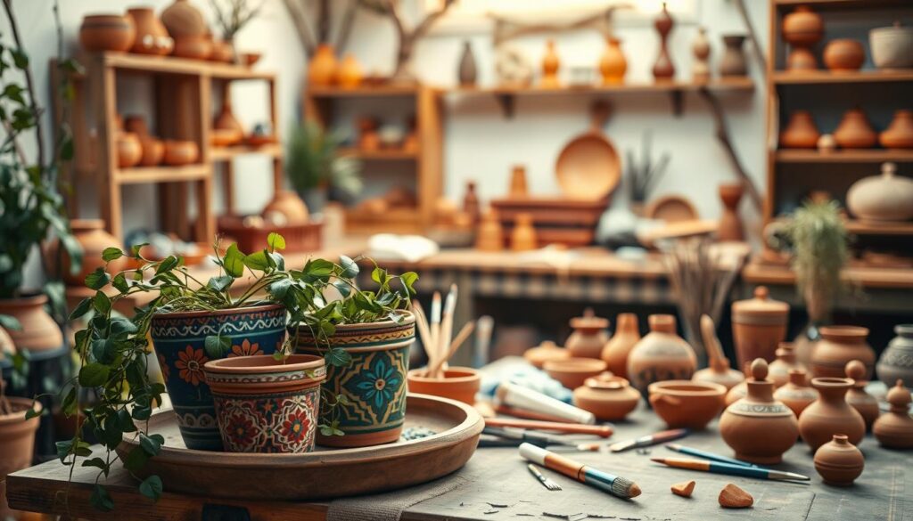 A beautifully arranged workspace showcasing various DIY terracotta decor projects, including painted terracotta pots, handmade bowls, and clay ornaments. In the foreground, a small table with vibrant terracotta pots decorated with intricate patterns and greenery spilling over the edges. The middle ground features tools like brushes, paint, and clay scattered around, hinting at active creativity. In the background, soft, warm lighting bathes the scene, enhancing the earthy tones of the terracotta. A cozy workshop ambiance is created with wooden shelves displaying finished terracotta pieces and natural elements like stones and branches. The mood is inviting, emphasizing craftsmanship and the spirit of home decor creativity. Shot with a shallow depth of field to create a soft bokeh effect.