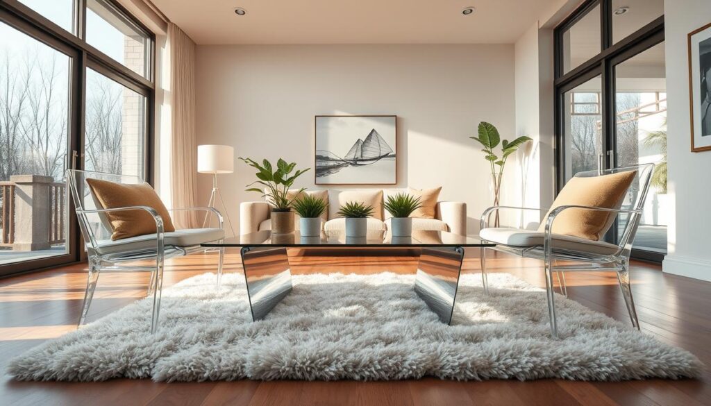 A beautifully designed living room featuring elegant transparent furniture, including a sleek glass coffee table and modern acrylic chairs, positioned centrally. The foreground showcases a soft, plush rug beneath the table, adding warmth to the scene. In the middle, the furniture reflects natural light from large, floor-to-ceiling windows, enhancing the illusion of spaciousness. Cozy, potted plants are strategically placed to add a touch of greenery without obstructing the view. The background offers a minimalistic decor with neutral-toned walls and art, contributing to a harmonious atmosphere. The lighting is bright and airy, capturing a serene, inviting mood. The scene is shot at eye level with a wide-angle lens to emphasize depth and openness, ensuring an inspiring representation of transparent furniture in a smartly utilized small space.