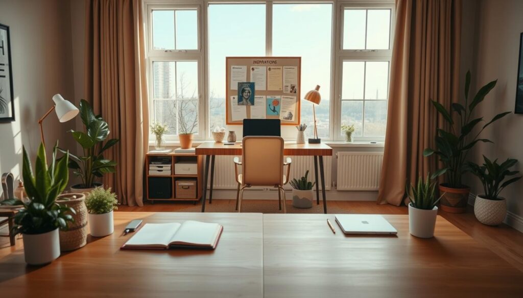 A beautifully designed workspace tailored to various MBTI personality types, showcasing distinct desk styles for each type. In the foreground, a wooden desk with neatly organized stationery, a laptop, and plants, reflecting a blend of creativity and functionality. In the middle, a cozy chair and a soft rug complement the desk, while smooth lighting creates an inviting atmosphere. A vision board on the wall displays inspirations unique to different MBTI types. In the background, large windows allow natural light to flood the room, highlighting a tranquil outdoor view. The scene exudes a harmonious and productive ambiance, perfect for fostering creativity and focus. Capture the image from a slight angle to emphasize layers and depth.