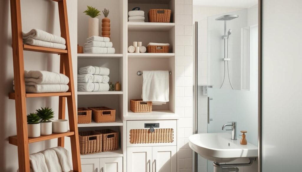 A beautifully organized compact bathroom featuring innovative storage solutions. In the foreground, showcase a stylish ladder shelf with neatly arranged towels, toiletries, and decorative items like small plants and candles. The middle ground includes a modern sink with an under-sink cabinet, showcasing baskets and elegant organizers that maximize space without sacrificing style. The background displays light-colored tiles and a frosted glass shower door, enhancing the feeling of openness. Use soft, natural lighting to create a warm and inviting atmosphere. Capture the image from a slightly elevated angle to give a comprehensive view of the entire scene, emphasizing the clever use of space. The overall mood should feel harmonious and practical, perfect for small living spaces. A beautifully organized compact bathroom featuring innovative storage solutions. In the foreground, showcase a stylish ladder shelf with neatly arranged towels, toiletries, and decorative items like small plants and candles. The middle ground includes a modern sink with an under-sink cabinet, showcasing baskets and elegant organizers that maximize space without sacrificing style. The background displays light-colored tiles and a frosted glass shower door, enhancing the feeling of openness. Use soft, natural lighting to create a warm and inviting atmosphere. Capture the image from a slightly elevated angle to give a comprehensive view of the entire scene, emphasizing the clever use of space. The overall mood should feel harmonious and practical, perfect for small living spaces.