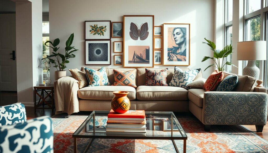 A beautifully styled interior space showcasing a harmonious mix of prints. In the foreground, a cozy living room with a plush sofa adorned with vibrant, patterned throw pillows in geometric and floral designs. A chic, patterned rug anchors the seating area. In the middle ground, a stylish coffee table topped with artful decor, such as a colorful vase and stylish books, complements the prints. Behind, a gallery wall displays framed art pieces featuring different patterns, adding depth and dimension. Natural light pours in from large windows, illuminating the room and highlighting the textures of the fabrics. The overall mood is inviting and creative, encapsulating the essence of mixing prints effectively in home decor.