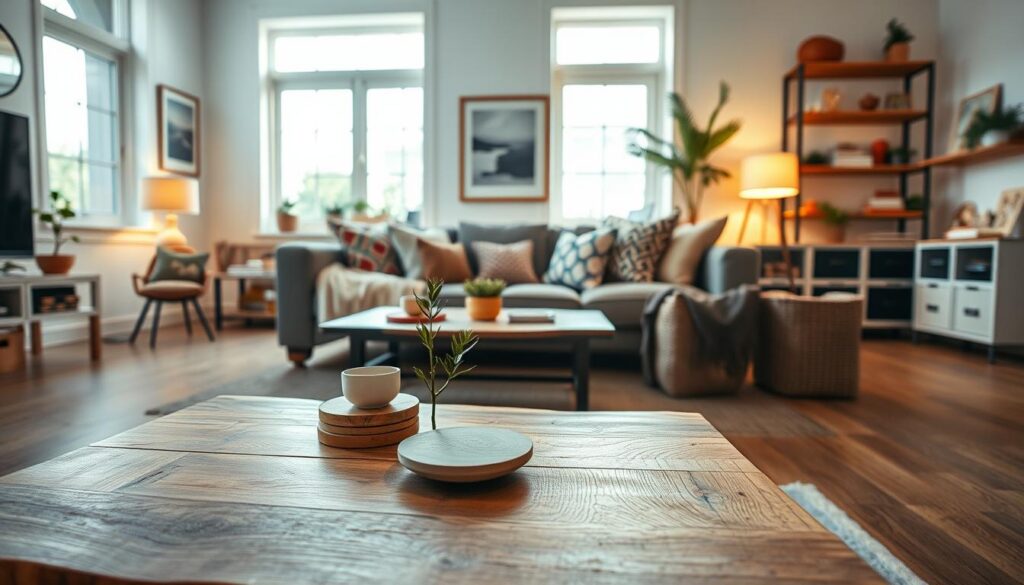 A bright, airy living room showcasing innovative DIY interior design ideas. In the foreground, a creatively repurposed coffee table crafted from reclaimed wood, adorned with stylish coasters and a small plant. The middle ground features a cozy seating area with a modern sofa, layered with colorful, patterned throw pillows and a textured blanket. On the walls, eye-catching art pieces and framed photographs accentuate the space. The background reveals a large window that floods the room with natural light, highlighting the fresh paint color and unique shelving displaying decorative items. Use warm, inviting lighting to create a comfortable atmosphere. Capture the scene from a slightly elevated angle to emphasize the room's layout and flow, showcasing the transformation of the space.