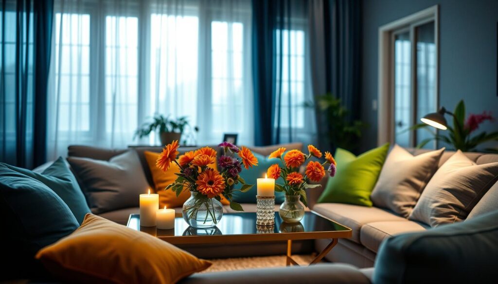 A cozy living room decorated for the monsoon season, featuring color palettes that reflect the rainy vibes. The foreground showcases a vibrant array of cushions in shades of deep blue, lush green, and soft gray, arranged on a stylish sofa. In the middle, an elegant coffee table displays candles and a small vase filled with fresh flowers, including orange marigolds and purple asters, enhancing the ambiance. The background reveals windows with sheer curtains partially drawn, allowing soft, diffused natural light to fill the room, creating a warm and inviting atmosphere. The overall mood is cheerful yet serene, perfect for enjoying the monsoon from the comfort of home. The image should have a soft focus effect, emphasizing the cozy details and harmonious color schemes, in a high-resolution format.