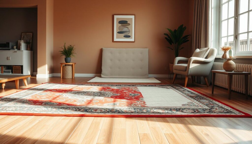 A cozy living room featuring an array of stylish rugs for home decor. In the foreground, a vibrant Persian rug with intricate patterns sprawls across a polished wooden floor. The middle ground displays a contemporary area rug in soft pastels with geometric designs next to a plush armchair. The background includes a subtle, warm-toned wall adorned with minimalistic artwork, and soft natural light floods through a large window, creating a bright and inviting atmosphere. The scene captures a sense of elegance and comfort, illustrating how rugs can enhance a space's visual appeal. The image should be taken from a slightly elevated angle to showcase the textures and colors effectively.