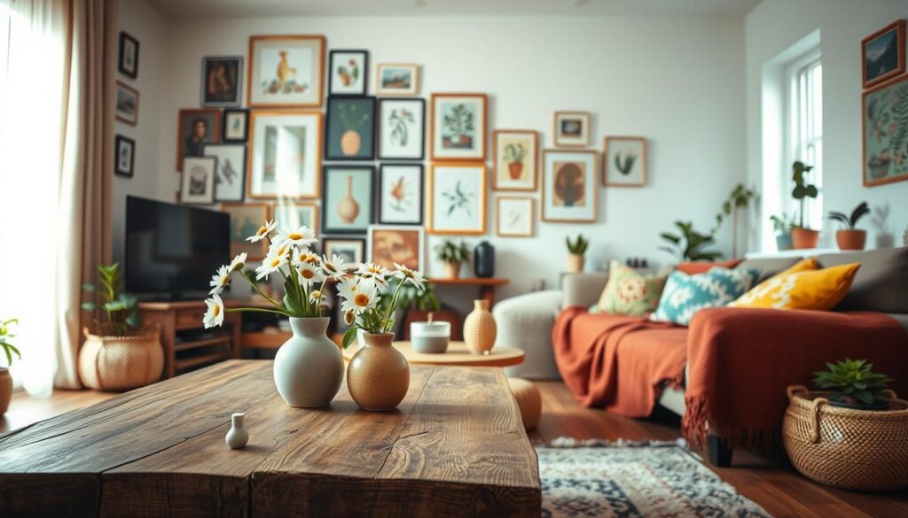 A cozy, well-lit living room scene emphasizing DIY décor inspiration, styled in a modern bohemian aesthetic. In the foreground, a beautifully crafted coffee table made from reclaimed wood is adorned with handmade ceramic vases featuring fresh daisies. The middle features a vibrant gallery wall filled with framed art, DIY crafts, and botanical prints. To one side, a comfortable couch draped with colorful throw pillows invites relaxation. The background reveals large windows with natural light streaming in, highlighting a small indoor plant collection. Soft, diffused lighting creates a warm, inviting atmosphere. The composition should feel homely and inspiring, encouraging creativity and resourcefulness in décor. Capture the essence of a chic DIY space, no text or branding included.