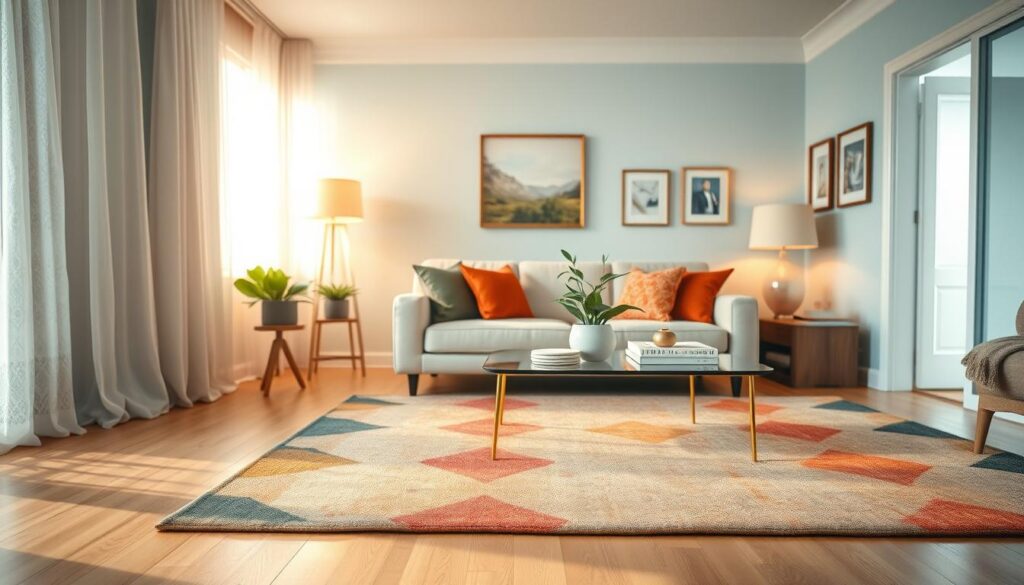 A cozy, well-lit living room transformed with quick decor fixes. In the foreground, a stylish new rug in vibrant colors contrasts with a neutral hardwood floor. To the left, elegantly draped sheer curtains float gently near a window, allowing soft natural light to filter in. The middle ground features a refreshed seating area with a chic coffee table adorned with decorative accessories like a potted plant and trendy coasters. A fresh coat of light blue paint on the walls adds a breezy feel. In the background, subtle artwork and framed photographs anchor the space. The atmosphere is bright and inviting, showcasing the power of accessories to enhance home aesthetics. The image should capture this transformation with a warm, welcoming ambiance, using a soft focus effect for depth. Before After Makeovers