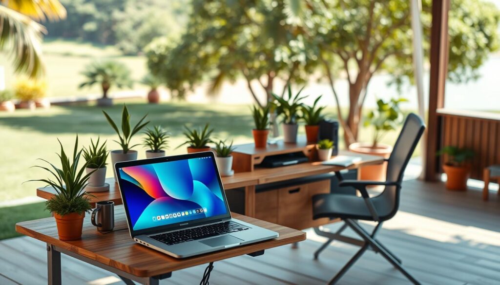 A modern, minimalist packable workstation set up in a bright, airy outdoor setting, featuring a sleek foldable desk and a lightweight ergonomic chair. In the foreground, a neatly organized laptop with a portable monitor displays a vibrant workspace on a wooden table. The middle ground includes potted plants and compact storage solutions, enhancing the workspace's aesthetics. The background showcases a scenic view of a green park or beach, with soft sunlight streaming in, casting gentle shadows on the surface. The atmosphere is calm and productive, suggesting a balance of work and relaxation. The image embodies a professional yet casual vibe, perfect for digital nomads seeking inspiration. Digital Nomad Office Hacks