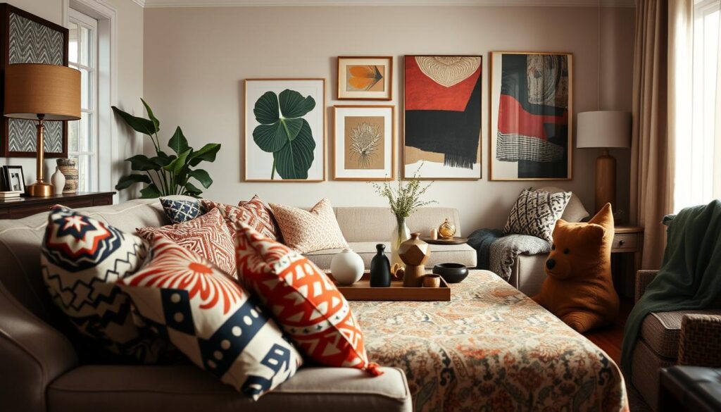 A stylish living room interior showcasing the "don'ts" of mixing prints in home decor. In the foreground, a chaotic arrangement of mismatched patterned throw pillows on a neutral sofa, clashing geometric and floral designs. In the middle, a coffee table adorned with an overly busy patterned tablecloth, surrounded by eclectic decorative items that don’t harmonize. The background features an assortment of wall art—large prints with clashing colors and styles, creating visual disarray. Soft, diffused natural light filters through a nearby window, casting gentle shadows and highlighting the discordant elements. The mood is one of clutter and confusion, emphasizing the challenges of mixing prints in a liveable space. A slightly tilted angle captures the chaotic essence of the decor.