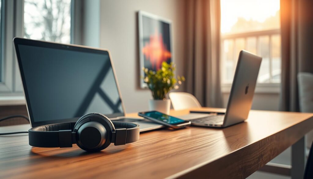 A stylish mobile office setup on a modern wooden desk, foreground featuring wireless headphones resting next to a sleek laptop, a smartphone displaying a sound therapy app, and a small indoor plant. In the middle, a vibrant soundwave poster decorates the wall, enhancing the ambiance. The background shows a soft, blurred outdoor view through a window, with sunlight streaming in to create a warm and inviting atmosphere. Utilize soft focus on the plant while the desk remains sharply in view, capturing the essence of productivity and focus. The lighting is natural and bright, emphasizing a calm yet motivating environment for a digital nomad at work.
