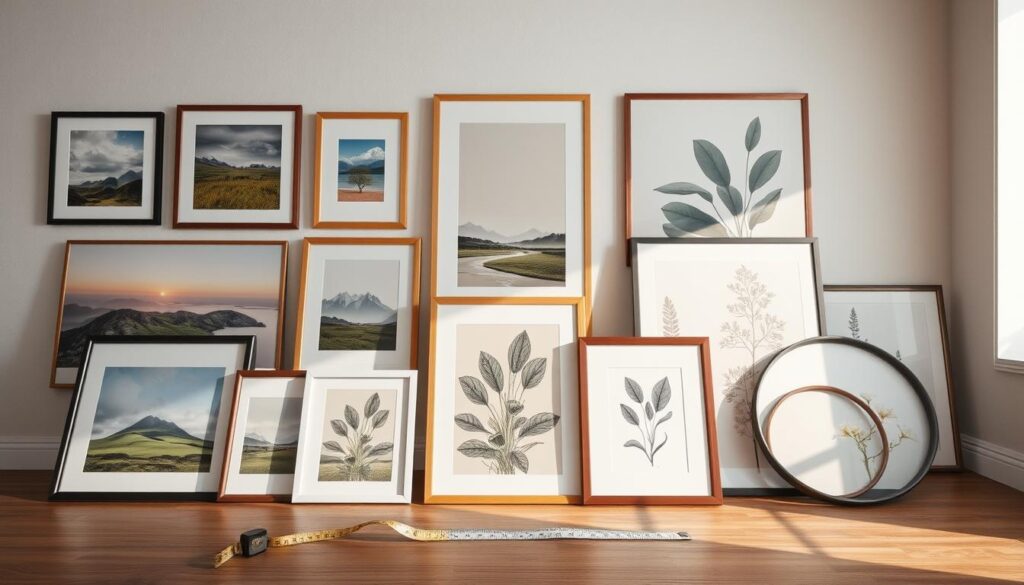 A visually appealing wall art size guide layout, featuring a variety of popular wall art arrangements and their corresponding sizes. In the foreground, display different frames (square, rectangular, and circular) arranged harmoniously, showcasing prints of landscapes, abstract art, and botanical illustrations. In the middle ground, a measuring tape and ruler are casually placed next to the frames to emphasize size. The background features a softly lit room with neutral-colored walls, adorned with oversized art pieces at varying heights, creating a cozy and inviting atmosphere. Use natural light coming from a window to illuminate the scene, capturing a warm and informative mood perfect for a home decor setting. The angle should be a slight overhead shot that allows a clear view of the layout and size comparisons.