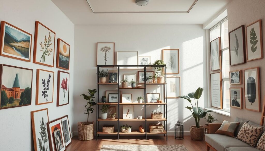 A visually captivating display of diverse wall art options showcased in a bright, inviting setting. In the foreground, a variety of framed art pieces, including abstract paintings, botanical prints, and vintage posters, are arranged aesthetically on a soft, textured wall. In the middle ground, a stylish shelving unit holds additional artworks, small decorative items, and potted plants, creating an organized and appealing atmosphere. The background features a cozy room with natural light filtering through a large window, casting gentle shadows that enhance the textures of the wall and art. The mood is inspirational and trendy, aimed at sparking creativity in home décor choices. The shot is taken with a wide-angle lens for a spacious feel, emphasizing the allure of each art piece without distraction from the overall composition.