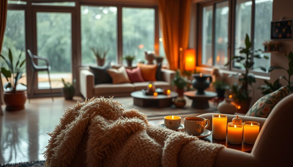 A warm and inviting indoor scene showcasing cozy lighting during the monsoon season. In the foreground, a plush, soft throw blanket drapes over a comfortable armchair, with a small side table adorned with a steaming cup of herbal tea and a few decorative candles casting a gentle glow. The middle ground features a beautifully arranged living room with a tasteful mix of seasonal decorations, such as colorful cushions, potted plants, and a small indoor fountain creating a soothing ambiance. In the background, large windows reveal raindrops trickling down, with soft, diffused light spilling in, enhancing the cozy atmosphere. The overall mood is tranquil and inviting, perfect for a snug indoor retreat. Capture this scene with soft focus, highlighting the warm lighting and inviting textures.