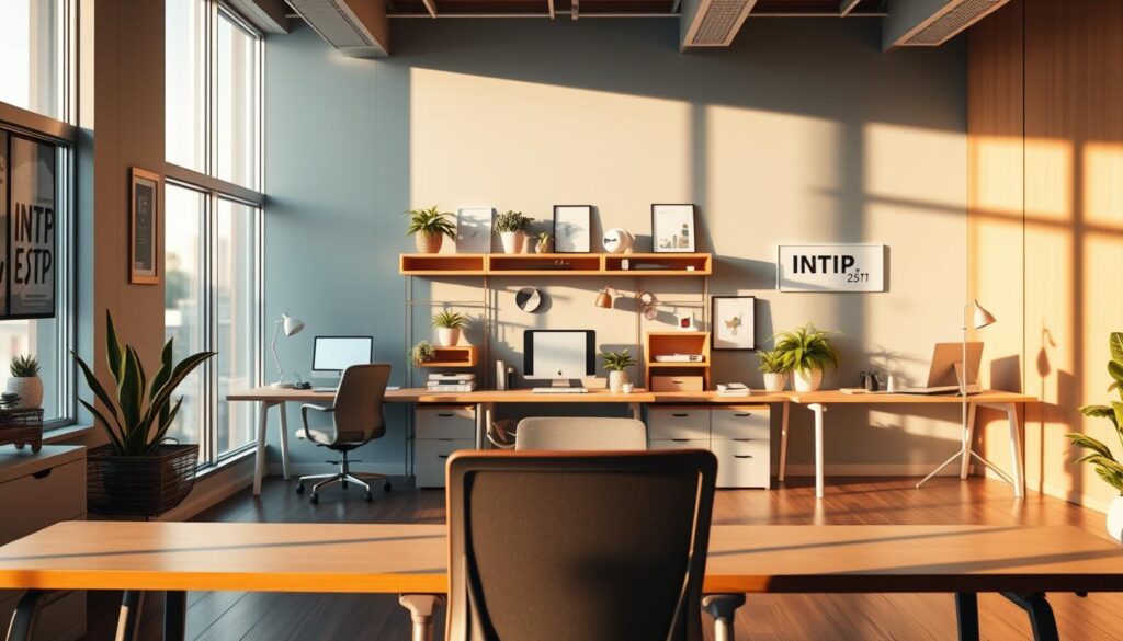 An inviting office space styled for diverse MBTI personalities, featuring distinct workstations tailored to each type. In the foreground, a sleek desk with a modern ergonomic chair, adorned with personalized decor reflecting creativity and organization. The middle layer showcases a variety of workspaces: a minimalist desk with plants and a notebook for an INFP, a tech-savvy setup for an INTJ, and an interactive space for an ESTP with playful elements. The background reveals calming colors and natural light streaming through large windows, complemented by soft shadows that create a tranquil atmosphere. The overall mood is inspiring and productive, ideal for fostering individual expression and collaboration in a professional environment. Focus on balanced composition and warm lighting to evoke a sense of comfort and motivation.